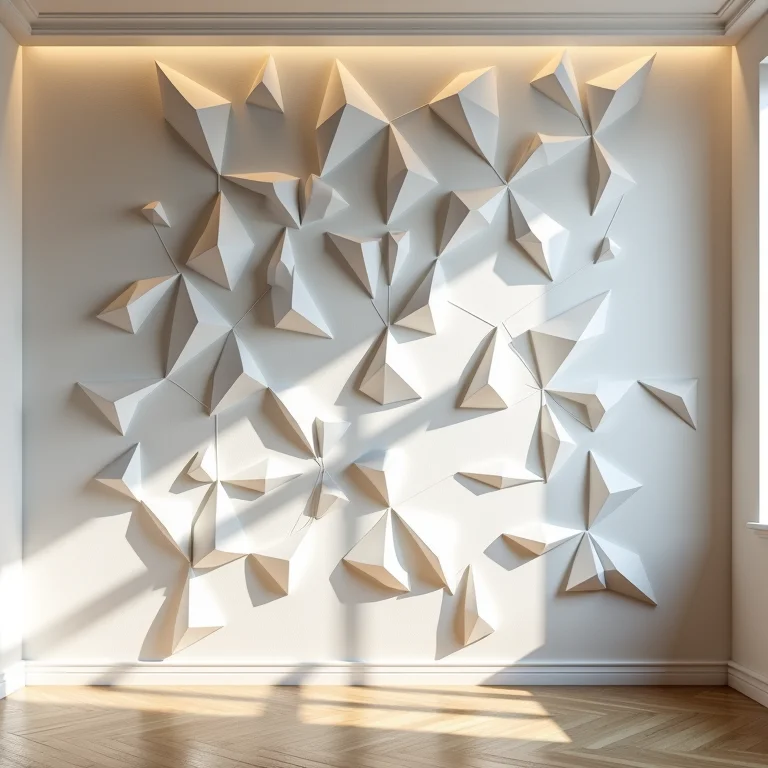 Parede moderna coberta com papel de parede 3D com design geométrico.