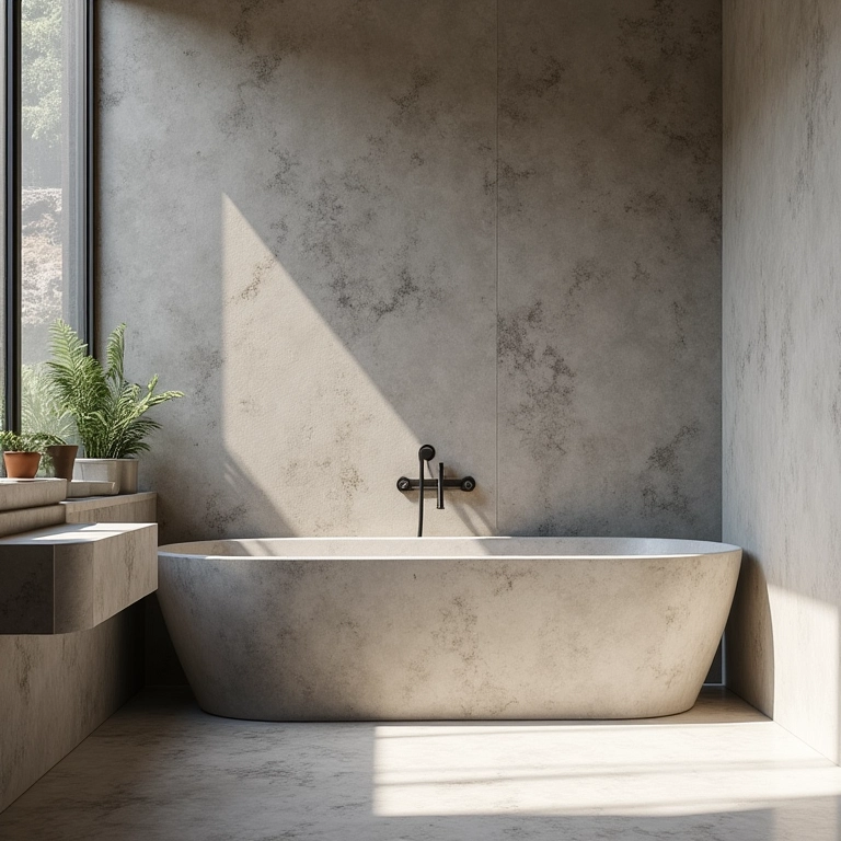 Paredes e piso de cimento queimado em banheiro rústico.