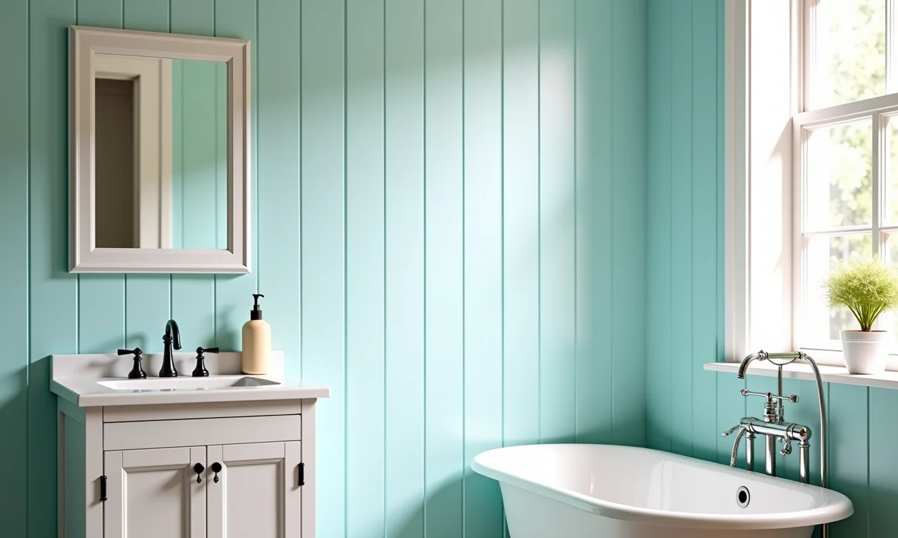 Paredes em tons claros e neutros da Coral em um banheiro farmhouse.