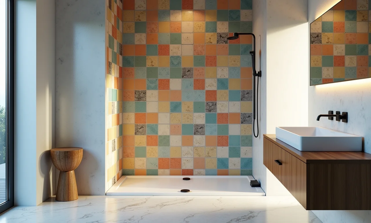 Pastilhas adesivas aplicadas no box do banheiro.