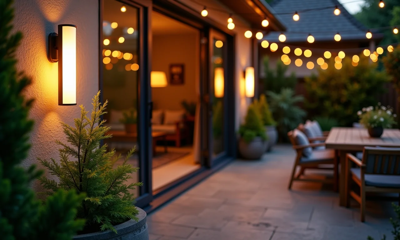 Pátio bem iluminado com arandelas modernas e plantas exuberantes.