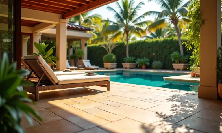 Pátio brasileiro com diferentes tipos de pisos atérmicos, demonstrando conforto e estilo sob o sol forte.