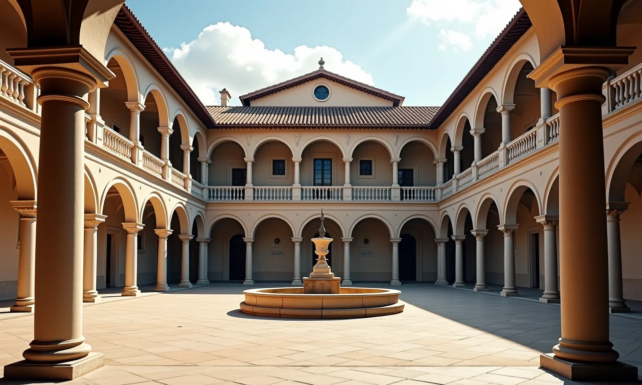 Pátio de palácio renascentista com design simétrico e esculturas.