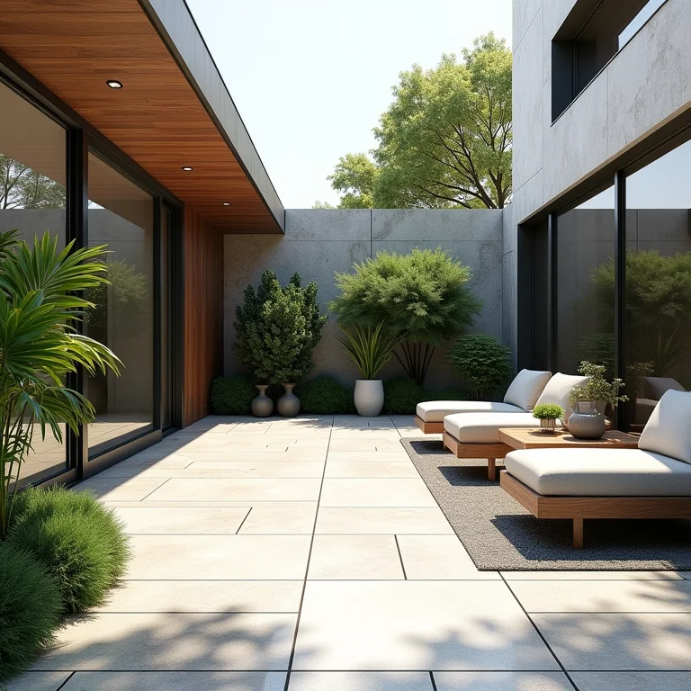 Pátio externo com piso de granilite e vegetação exuberante.