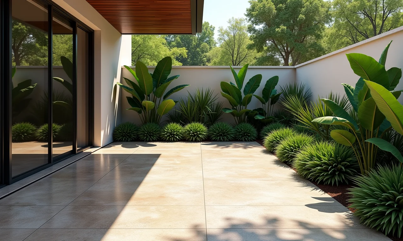 Pátio externo com piso de pedra natural atérmica e plantas tropicais.