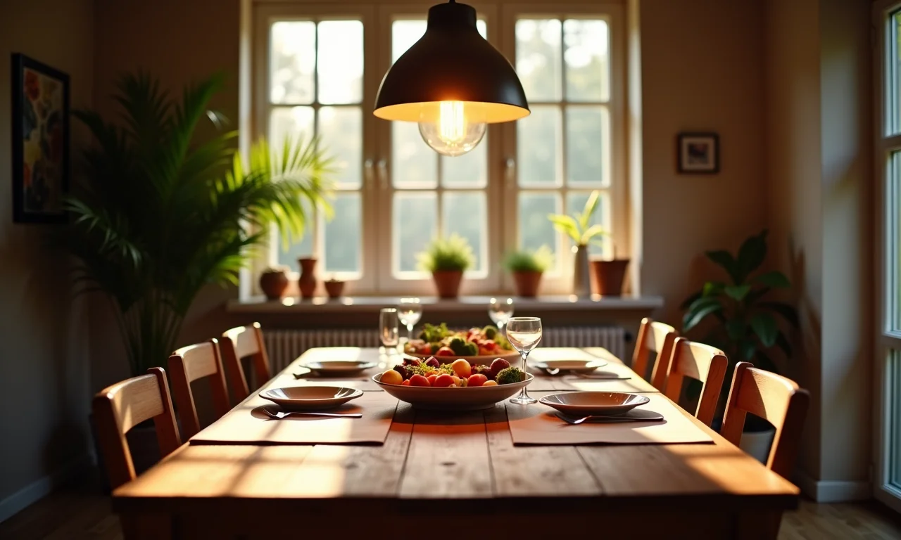 Pendente sobre a mesa de jantar: ambiente acolhedor.