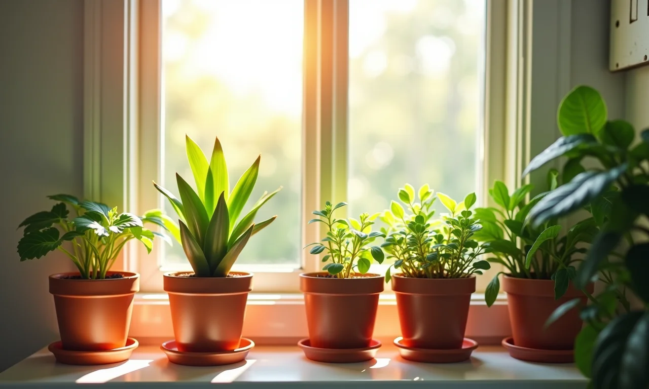 Pequenas plantas em vasos decorando a prateleira do banheiro.