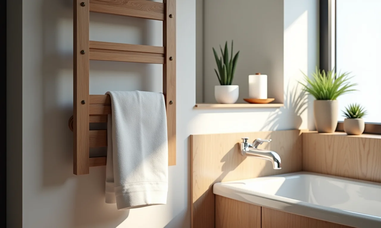 Pequenos detalhes em madeira que aquecem banheiro.