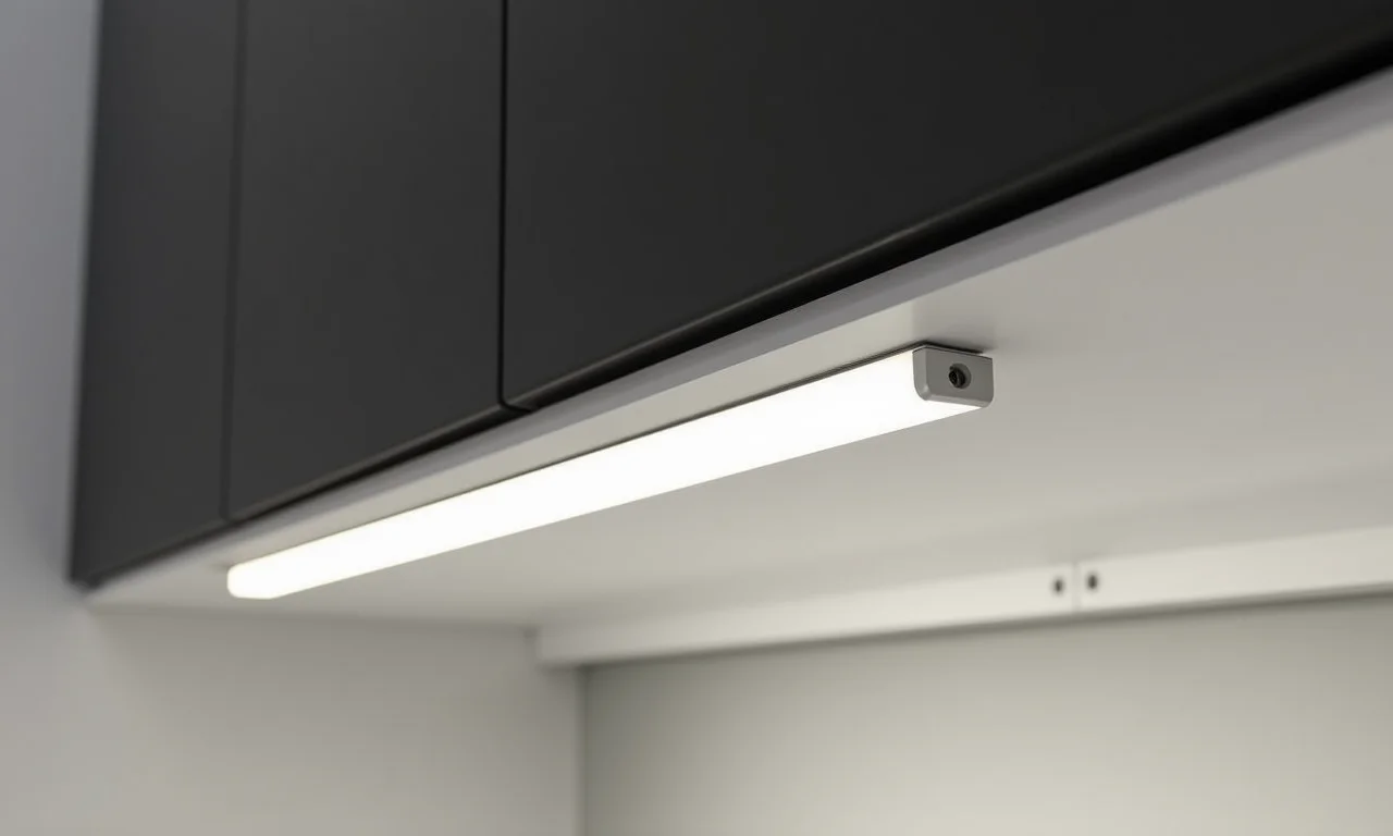 Perfil de LED da Ourolux instalado em um armário de cozinha moderno.