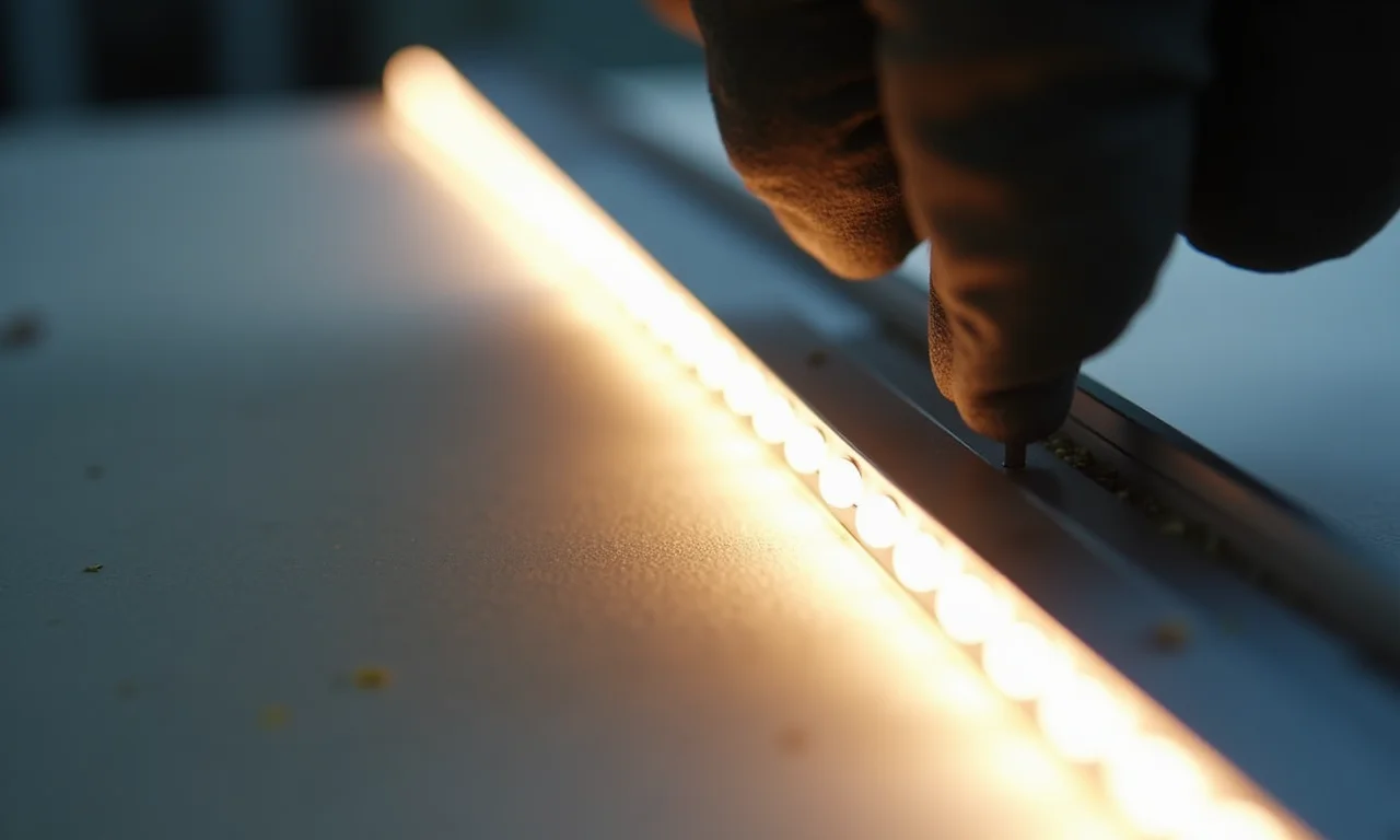 Perfil de LED sendo cortado com uma serra.