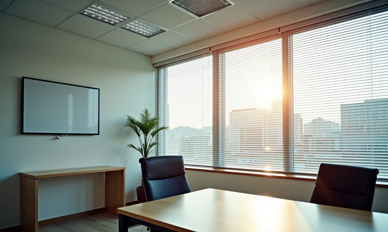 Persiana horizontal em escritório moderno com luz filtrada.