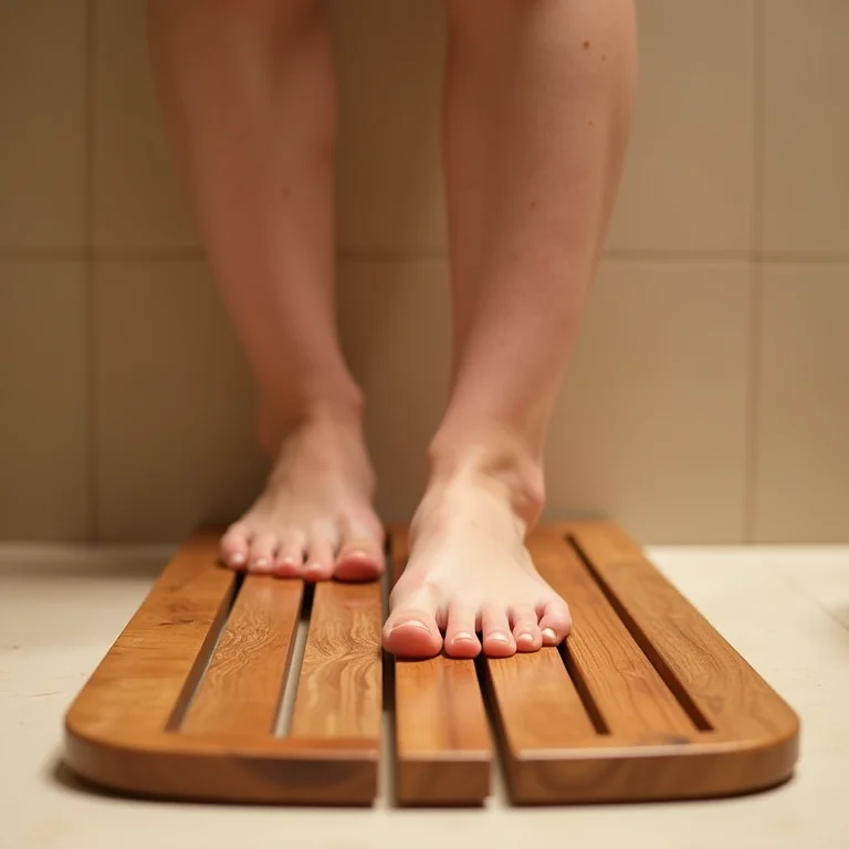 Pés descalços tocando um tapete de madeira no box