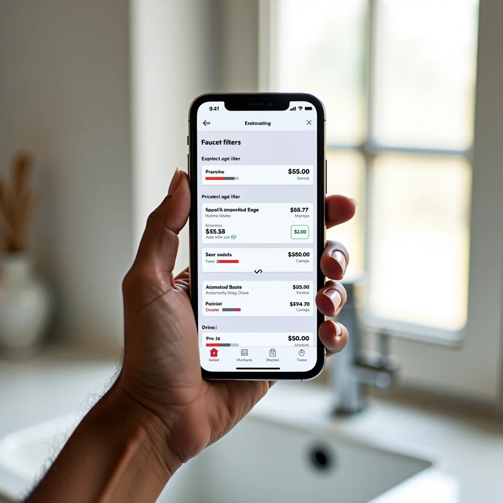 Pesquisando preços de torneiras com filtro no celular.