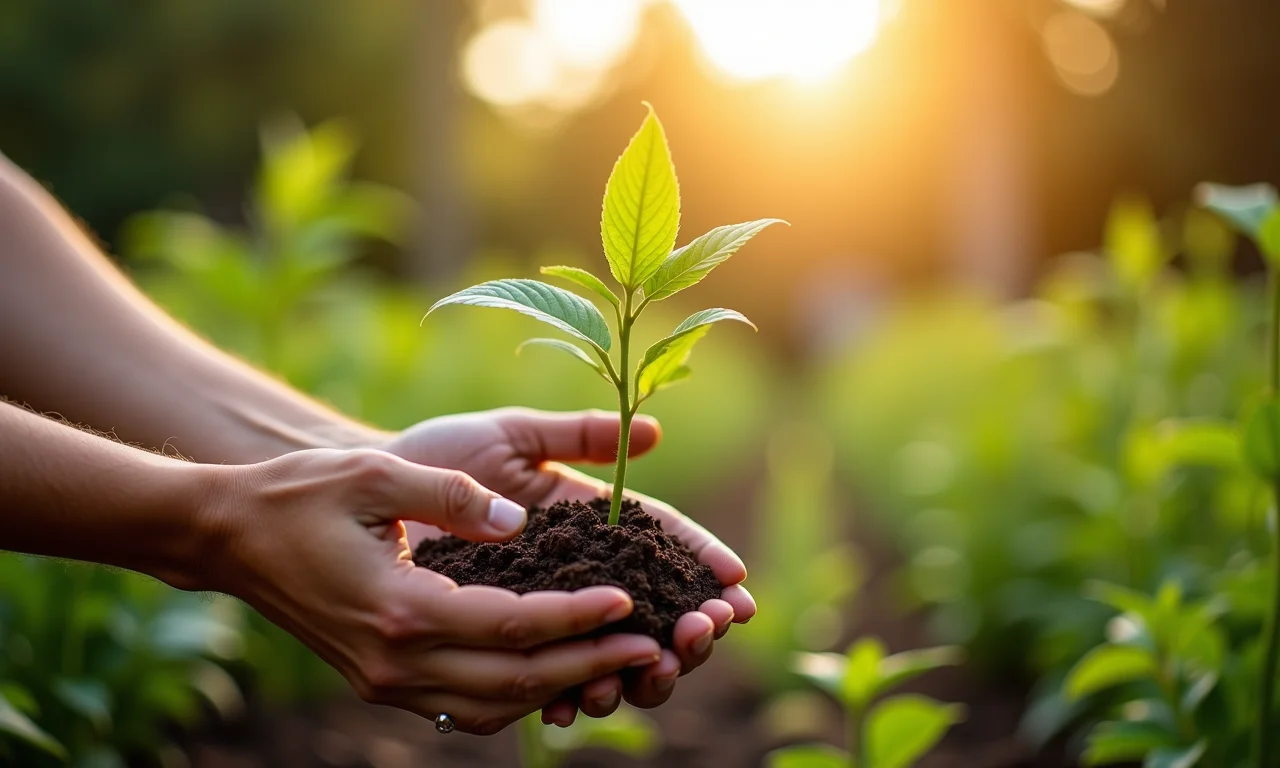 Pessoa adubando planta com adubo orgânico em jardim.