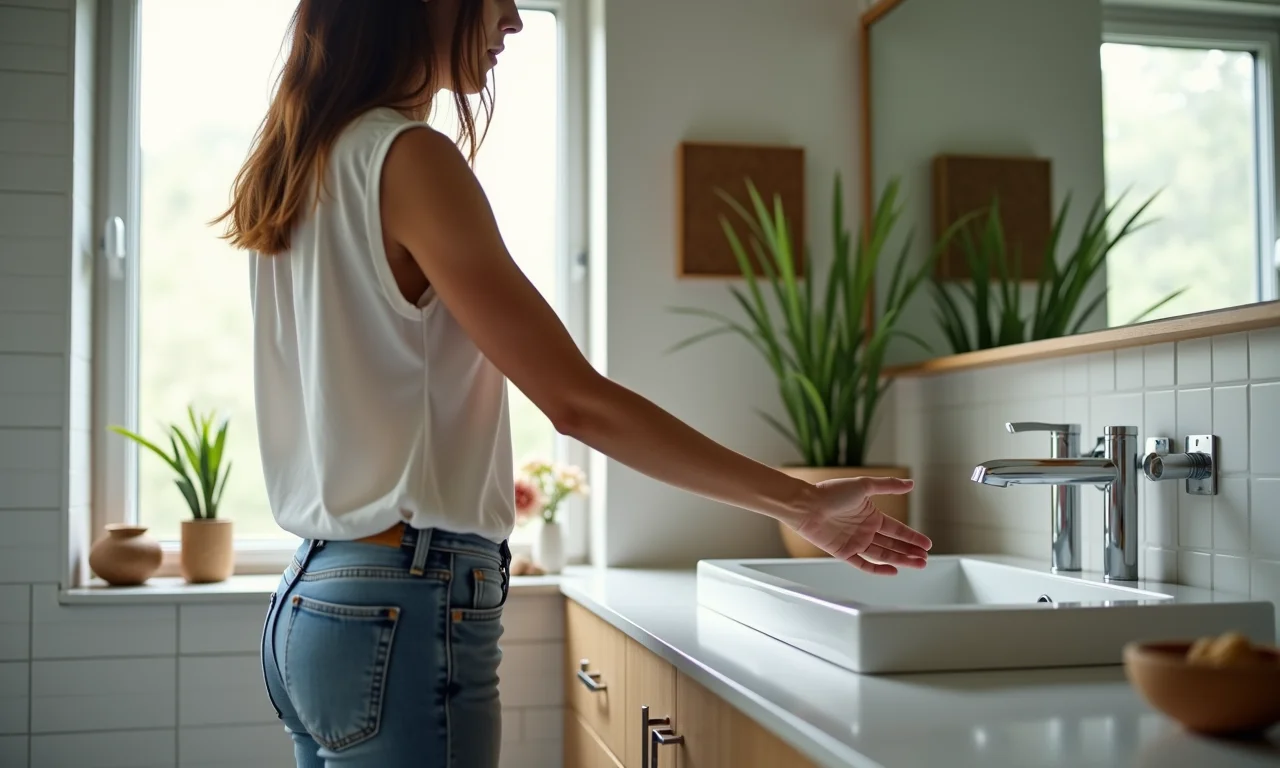 Pessoa avaliando a altura da bancada do banheiro para verificar se está adequada.