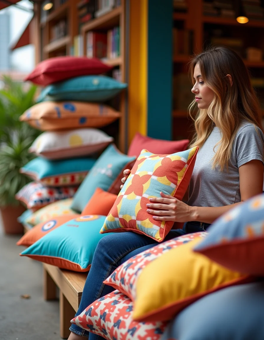 Pessoa escolhendo almofadas divertidas em loja colorida em São Paulo.