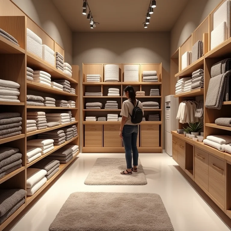 Pessoa escolhendo tapetes de banheiro em uma loja física