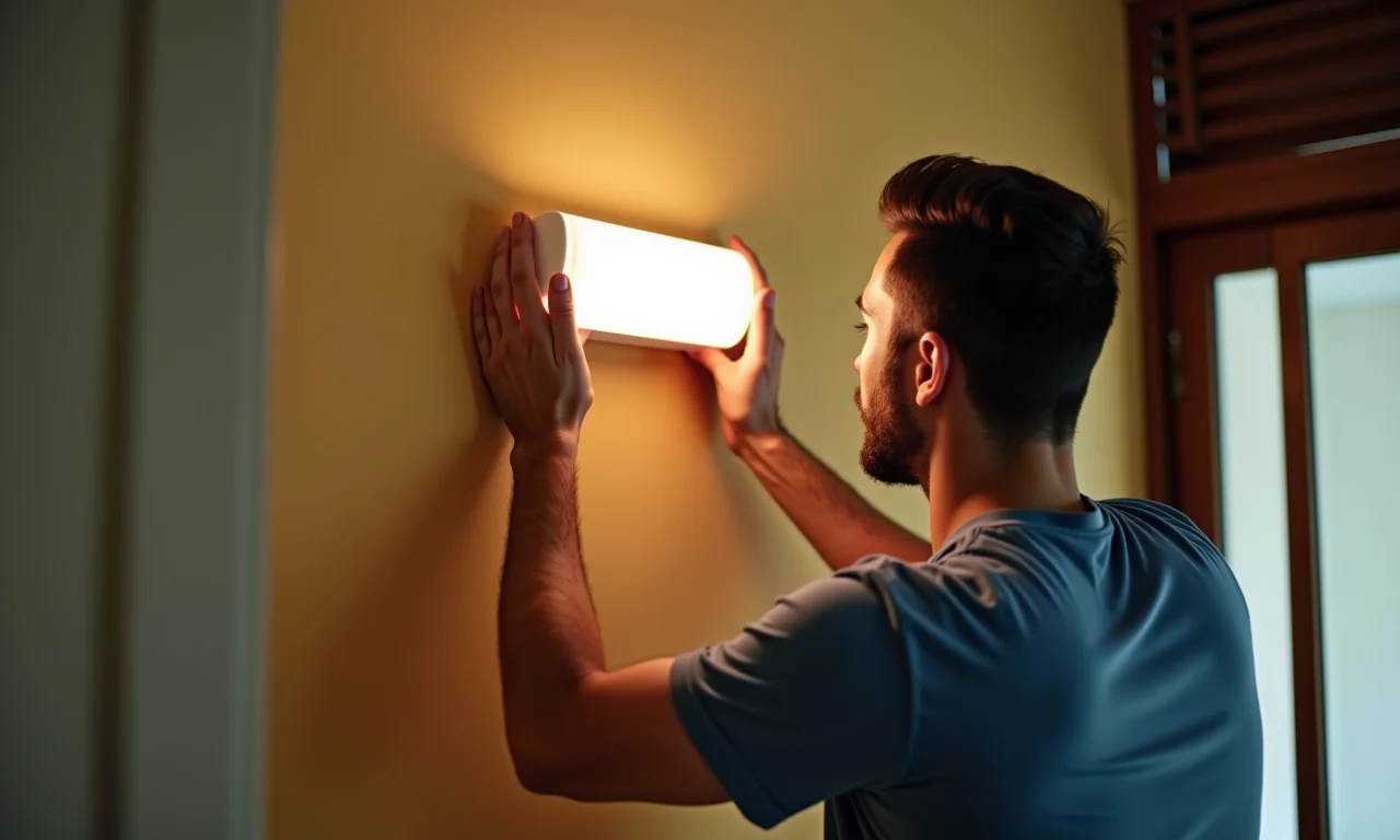 Pessoa instalando facilmente luz de emergência na parede de casa brasileira.