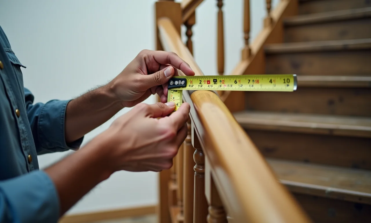 Pessoa medindo a altura de um corrimão de escada com fita métrica.