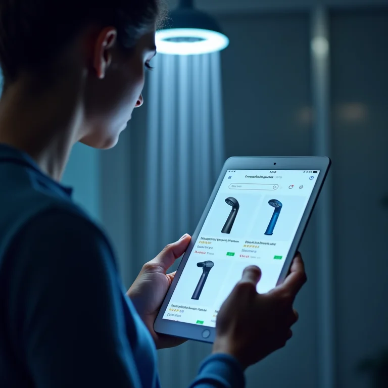 Pessoa pesquisando chuveiros com LED em uma loja online.