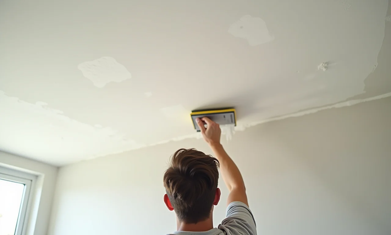 Pessoa preparando o teto para a pintura, lixando e limpando a superfície.