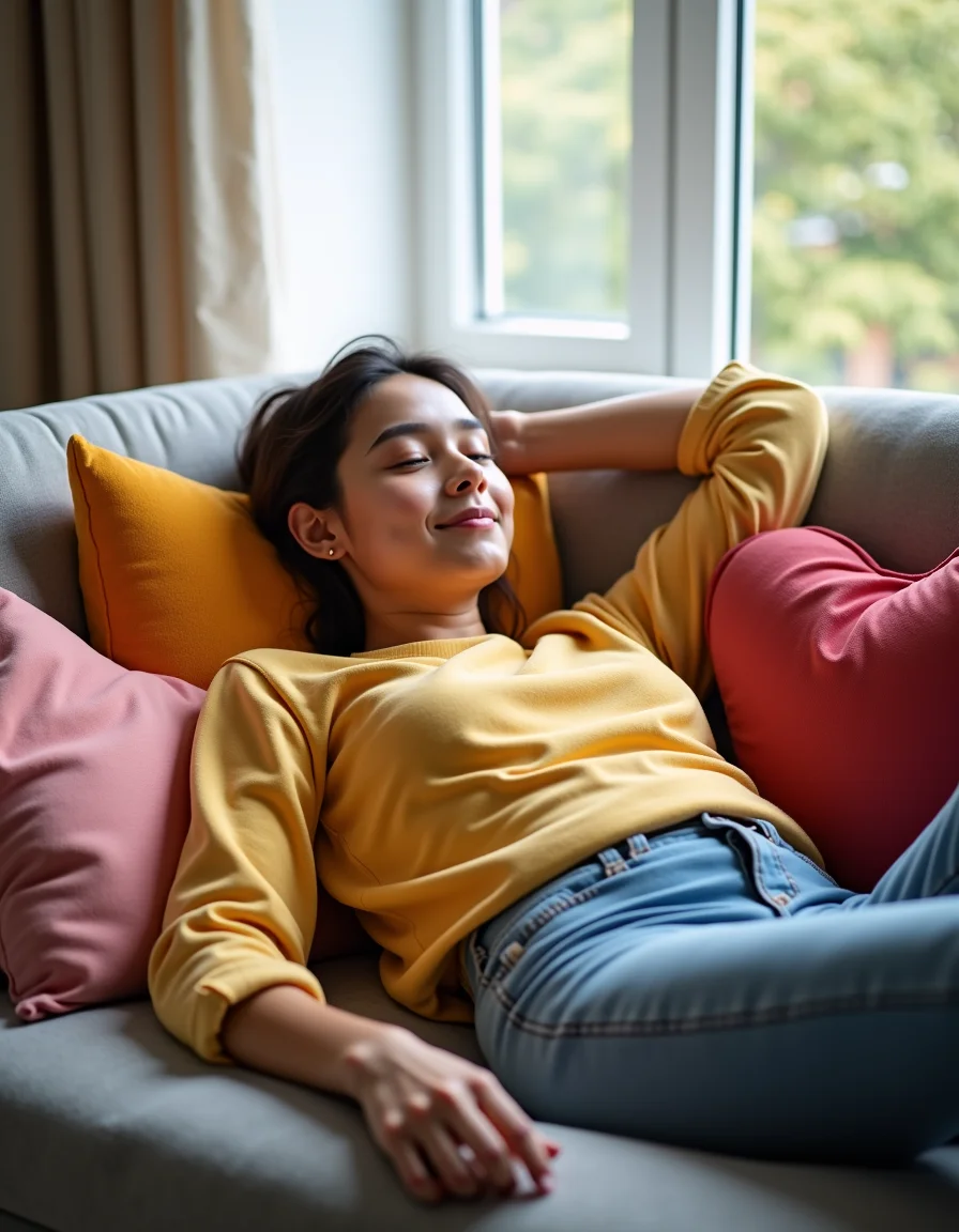 Pessoa relaxando com almofadas de formatos inusitados no sofá.