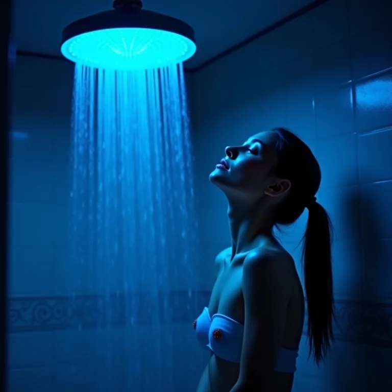 Pessoa relaxando em um banho com chuveiro cascata e luz LED azul suave.