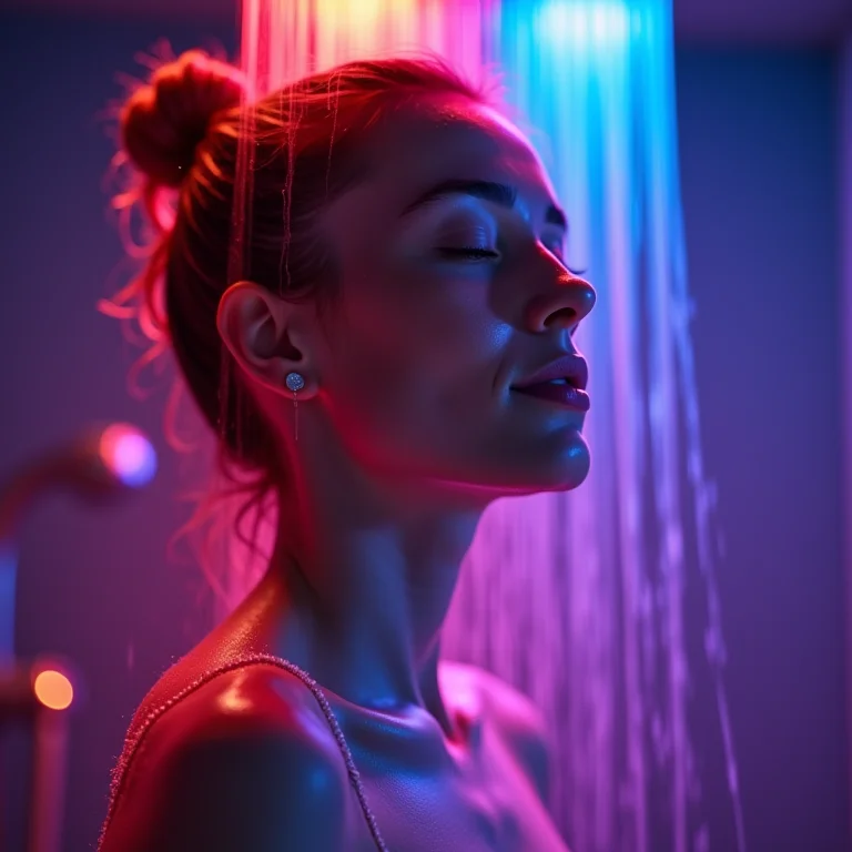 Pessoa relaxando em um banho com chuveiro de LED e diferentes cores.