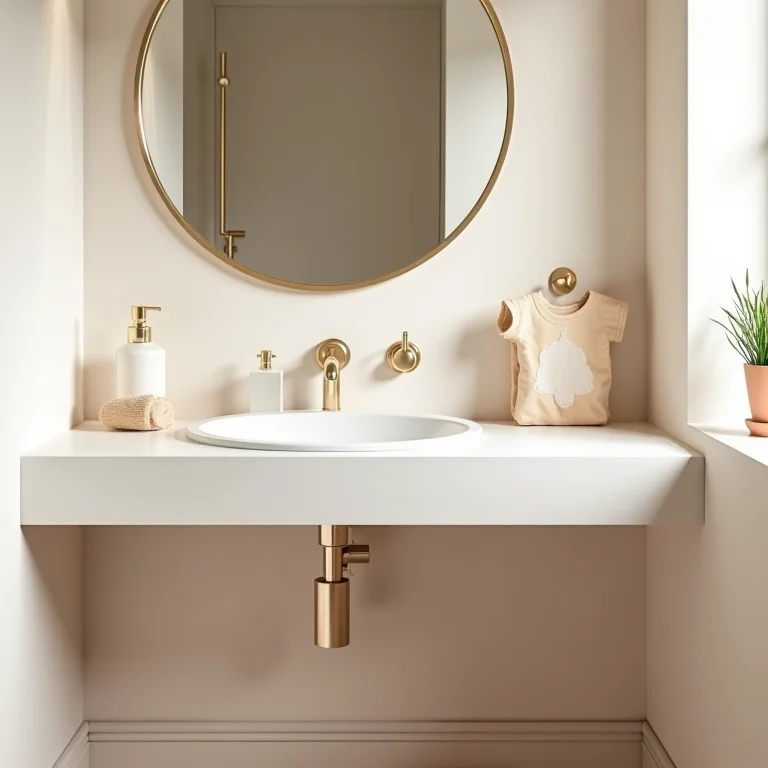 Pia e espelho em um banheiro infantil inacessíveis para crianças, dificultando a higiene.