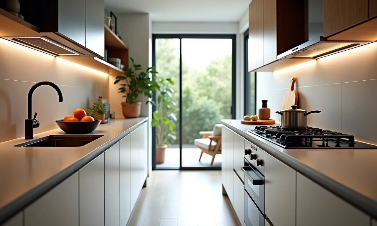 Pia e fogão lado a lado em cozinha corredor funcional e bem iluminada.