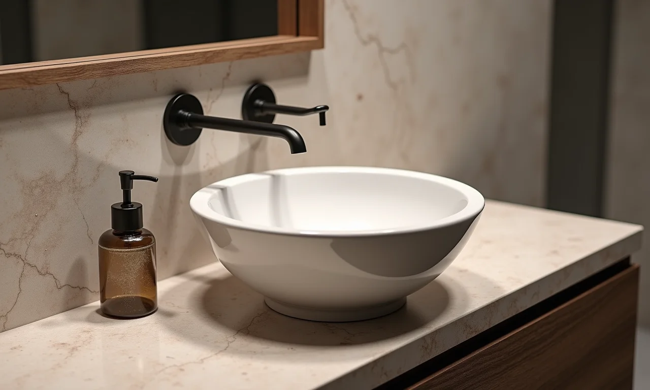 Pia pequena ou cuba esculpida em banheiro compacto.