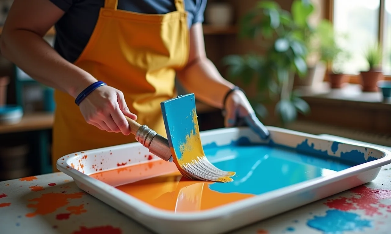 Pintor colocando a quantidade certa de tinta na bandeja.