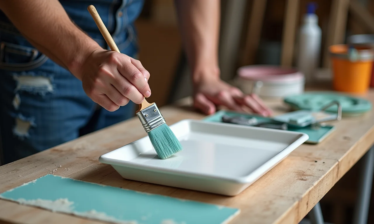 Pintor escolhendo bandeja de tinta do tamanho certo.