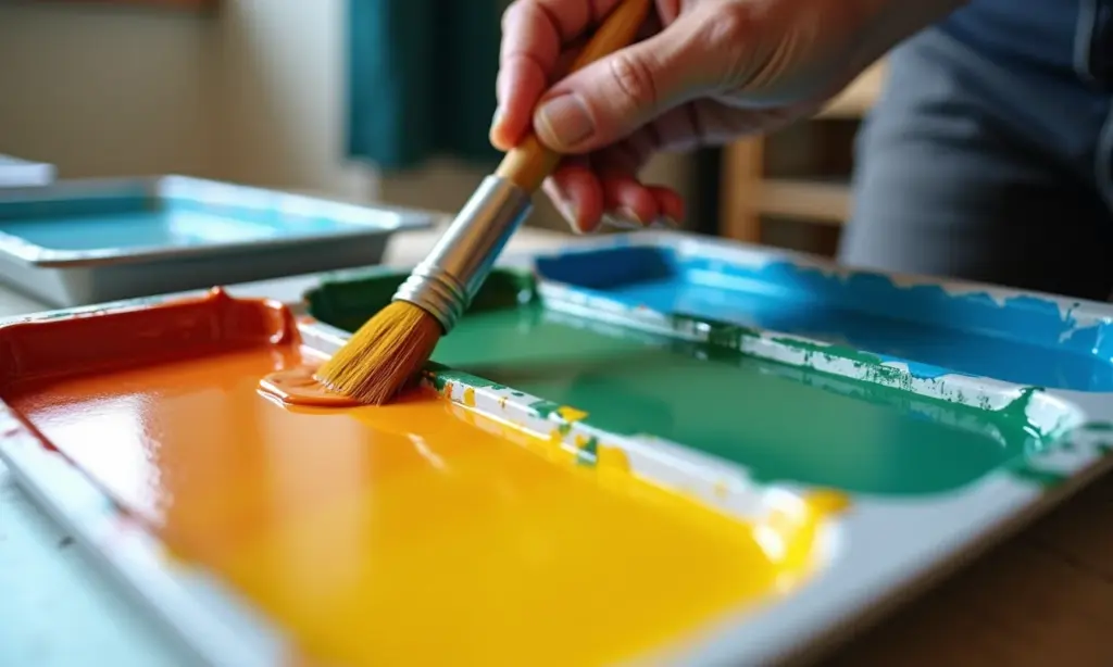 Pintor utilizando bandeja de tinta corretamente.