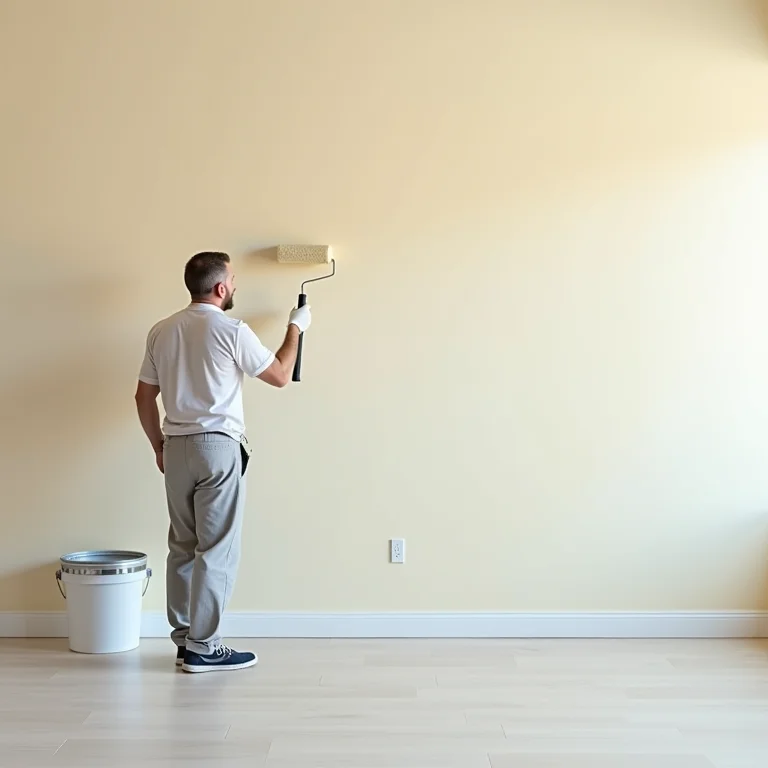 Pintura de parede com rolo, demonstrando o acabamento liso e uniforme.