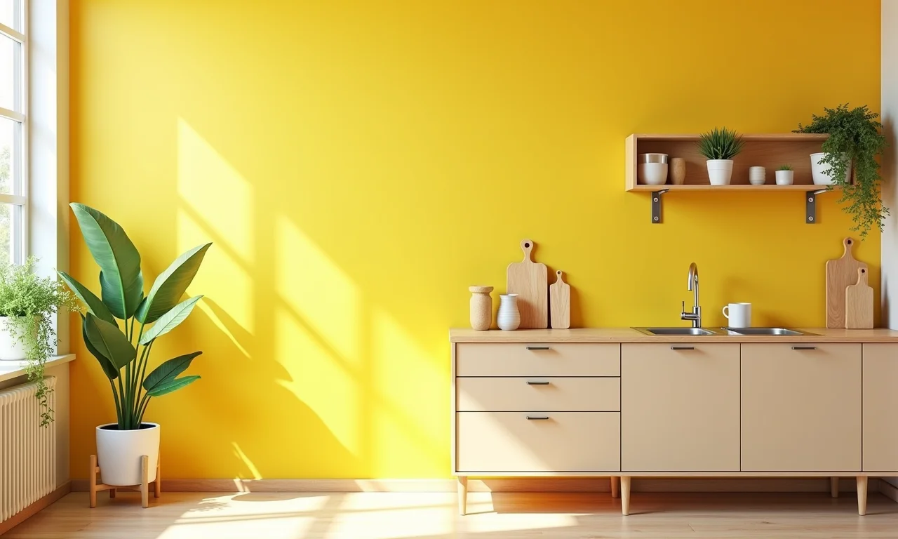 Pintura renovando cozinha pequena, parede amarela vibrante.