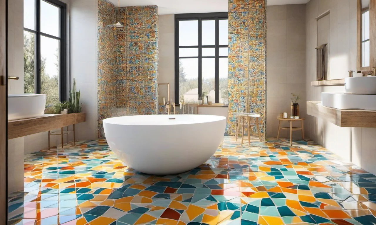 Piso de banheiro com pastilhas de vidro estampadas.