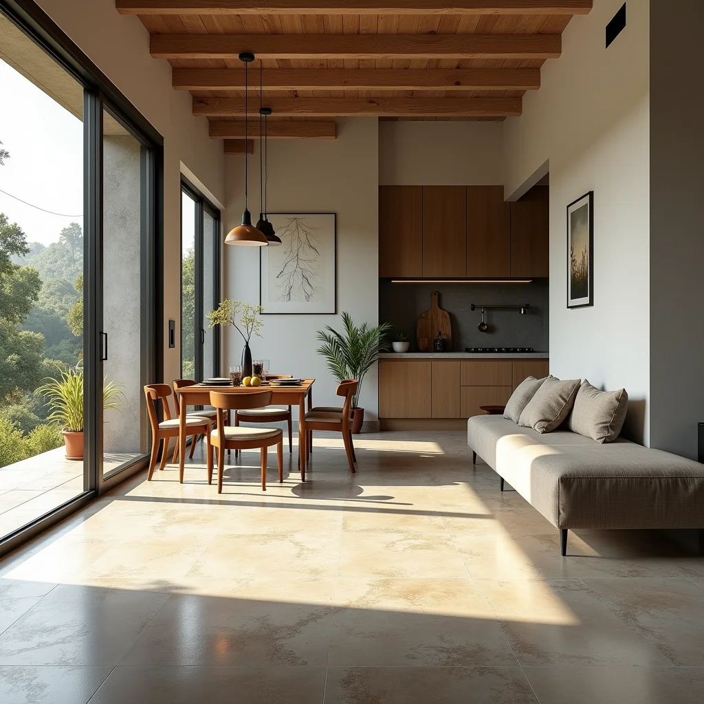 Piso de cimento queimado integrando sala e cozinha com diferentes estilos.