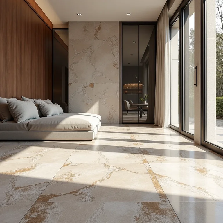 Piso de granilite com padrão geométrico em uma casa moderna.