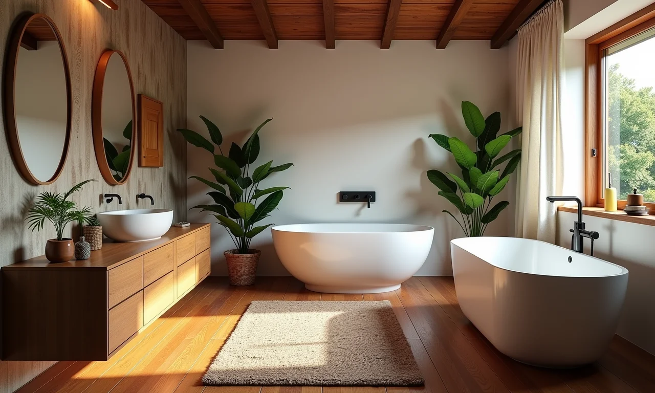 Piso de madeira aconchegante em banheiro pequeno.