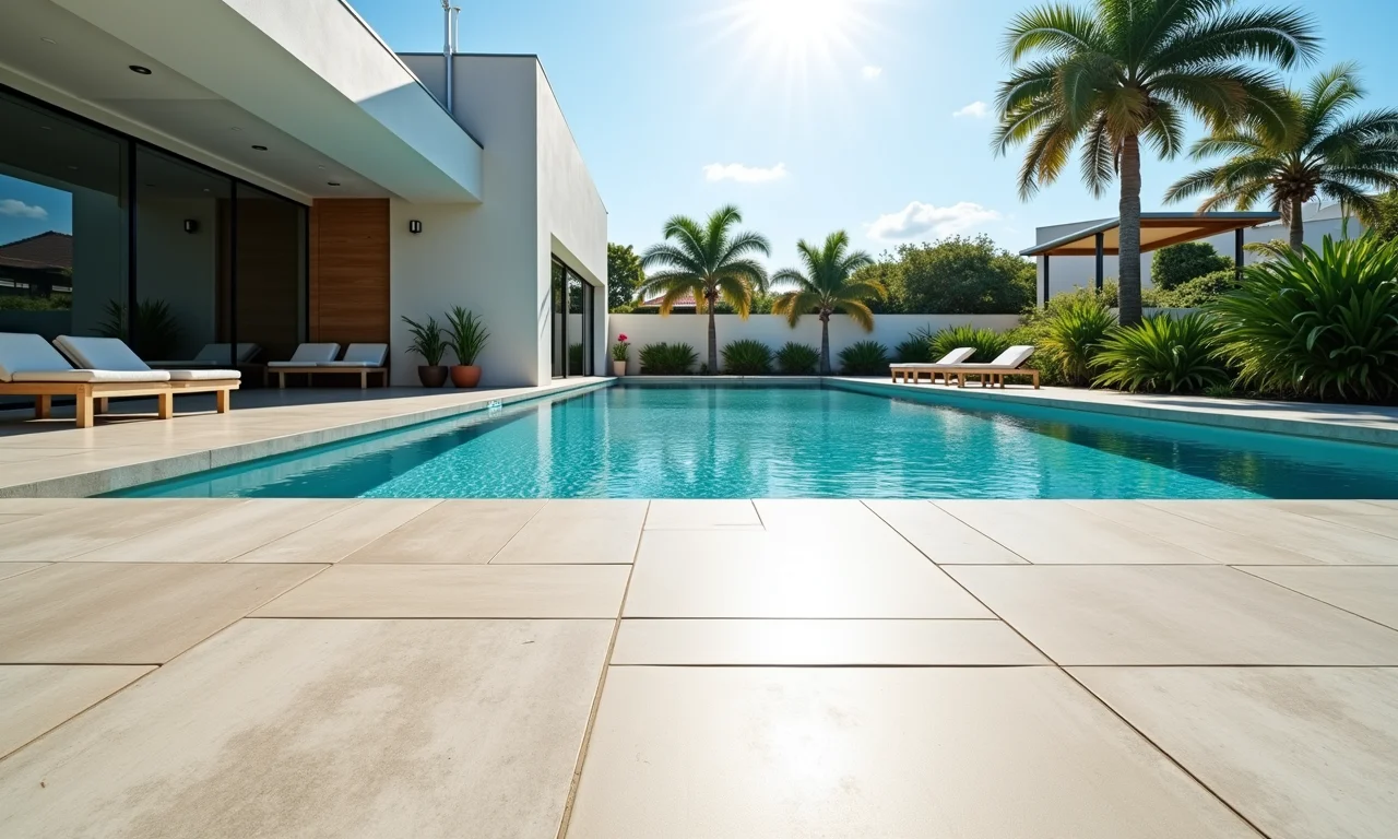 Piso de porcelanato atérmico ao redor de uma piscina em um dia ensolarado.