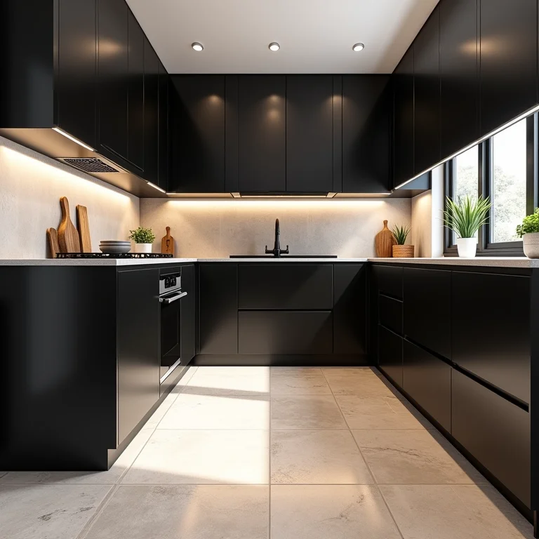 Piso ideal para combinar com armários pretos em cozinha pequena.