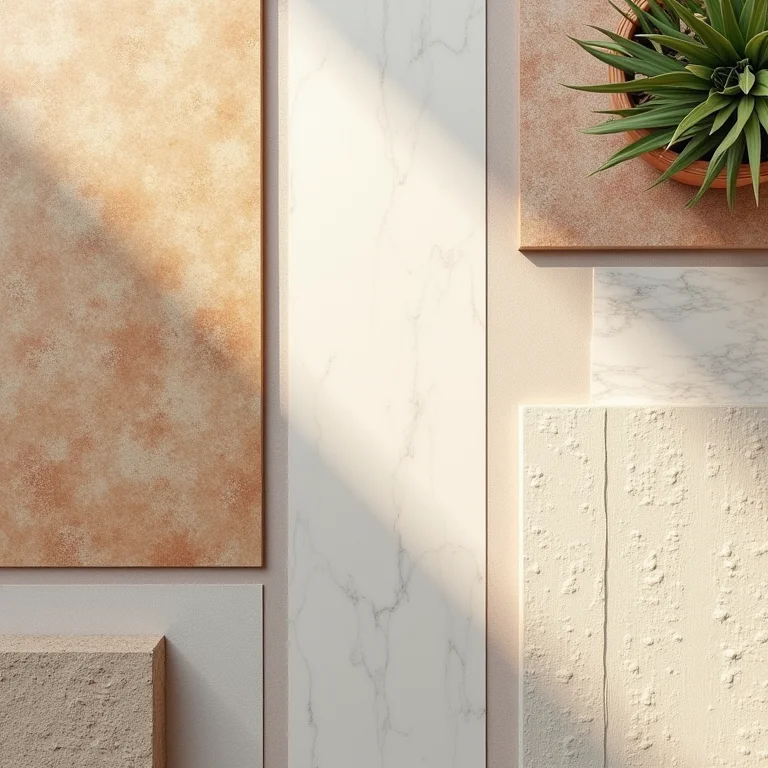 Pisos feitos de materiais reciclados com texturas e cores variadas.