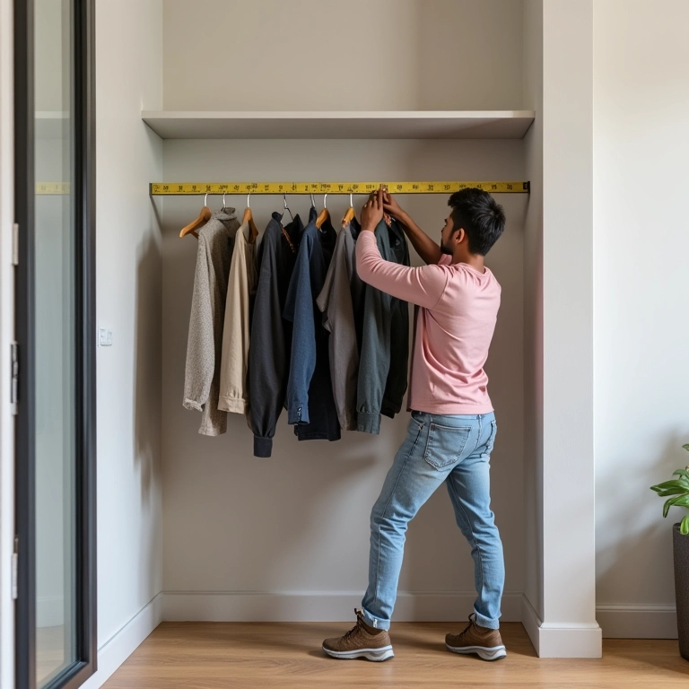 Planejando espaço para arara de roupas em quarto pequeno.