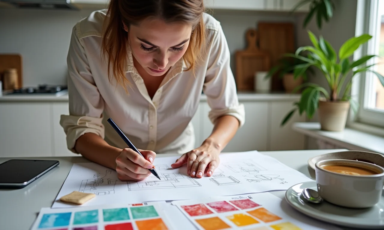 Planejando reforma de cozinha pequena com croquis e amostras de cores.