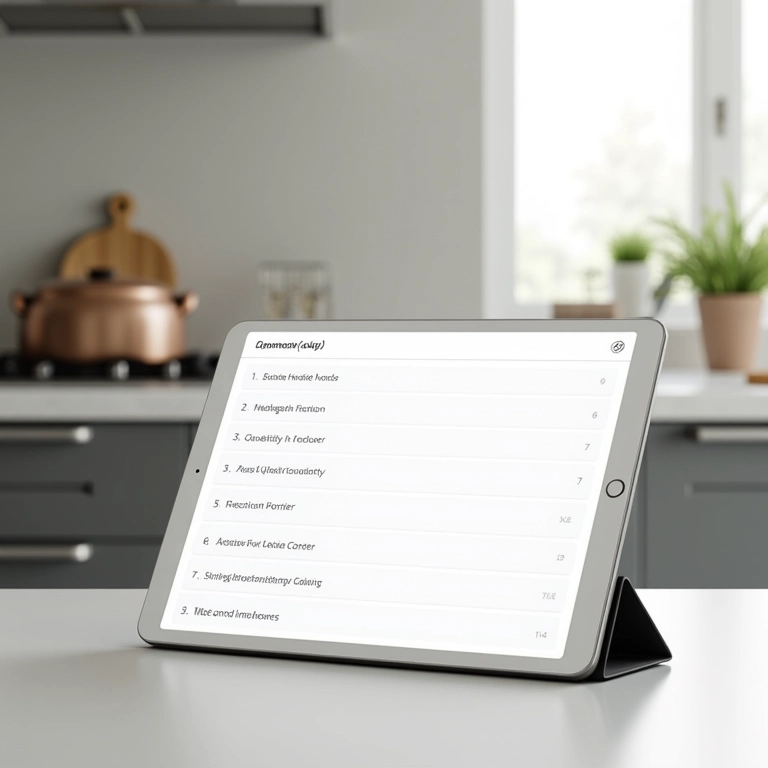 Planilha de resumo dos 5 itens essenciais para cozinha minimalista exibida em tablet.