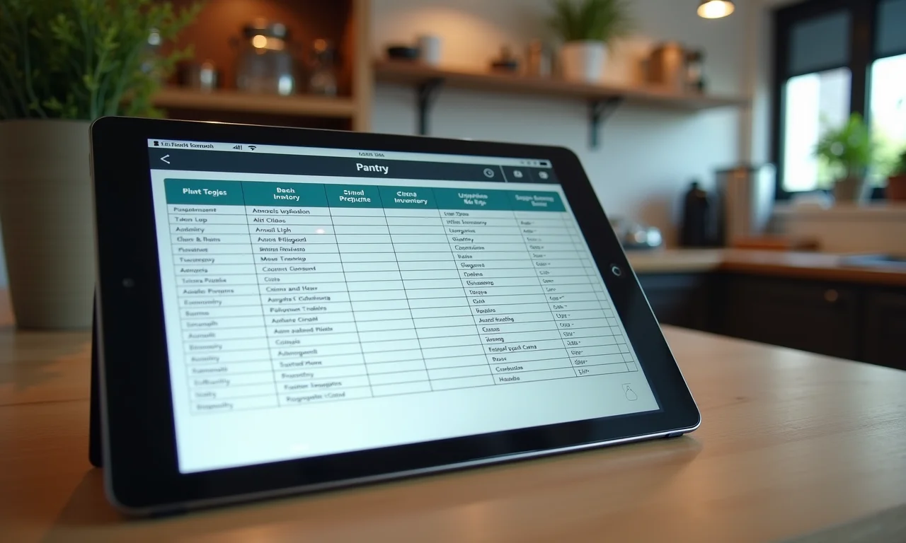 Planilha digital de organização de despensa exibida em um tablet.