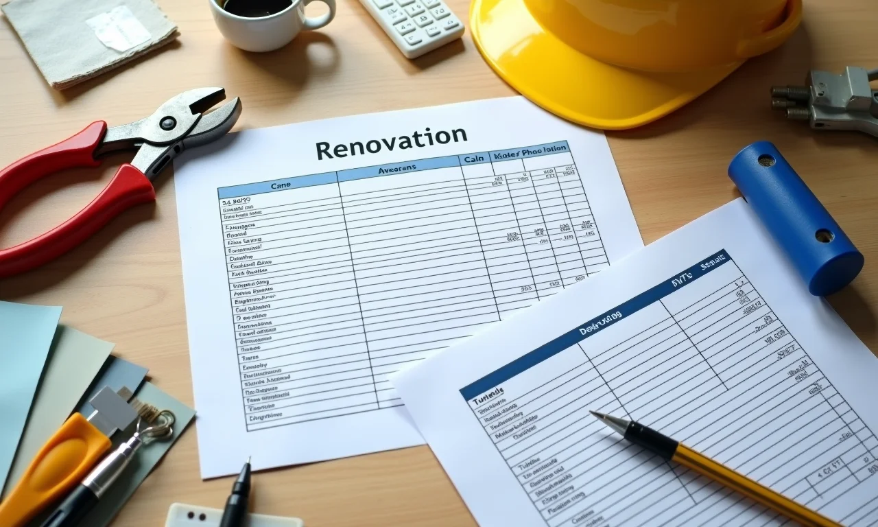 Plano de reforma com ferramentas, amostras e planilha de orçamento, enfatizando o planejamento.