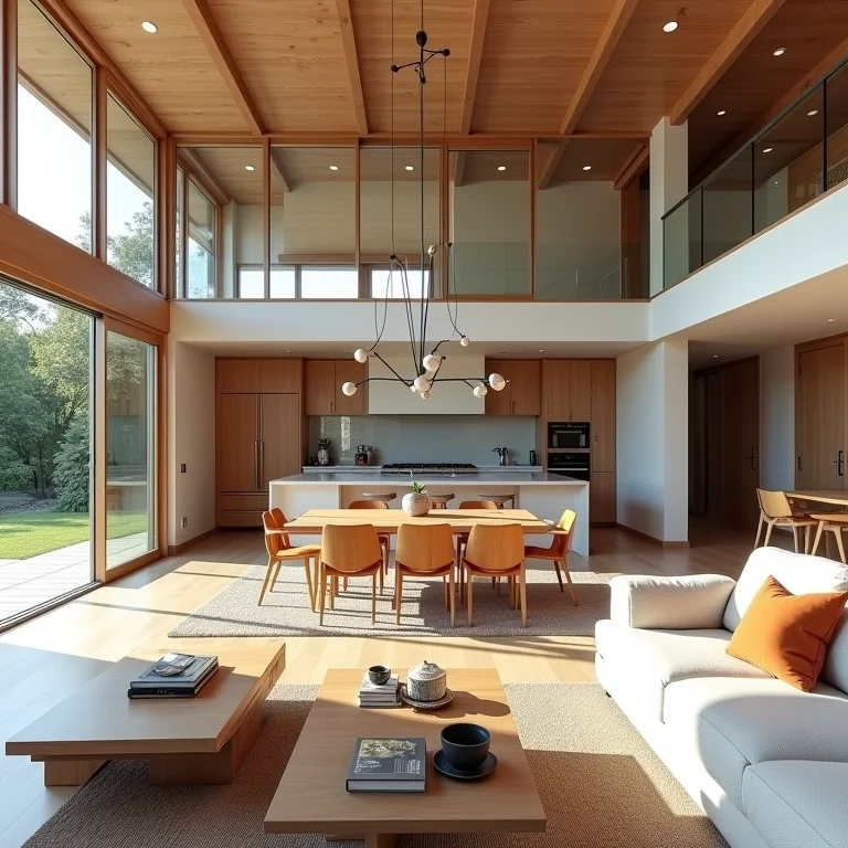 Planta aberta de uma casa mid-century modern, com integração entre os ambientes.