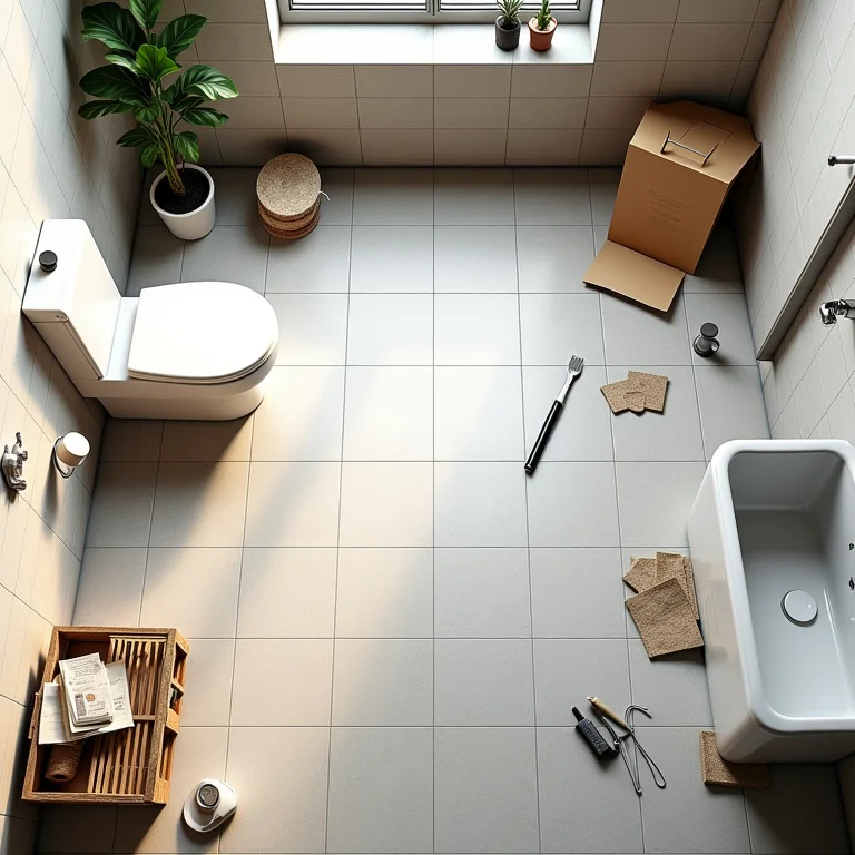 Planta baixa de um banheiro em reforma com materiais de construção e ferramentas espalhadas, simbolizando o planejamento inadequado.